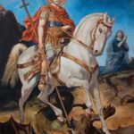 Sveti Georgije ubija azdaju 60x45cm 2022. Barkona ikona Ulje na platnu po Porudzbini umetnik Darko TOPALSKI