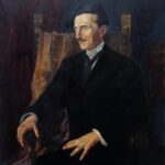 Umetnička slika Nikola Tesla 60x55cm Ulje na platnu portert po narudzbini po portretu Vilma Lvoff Parlaghy 2023 umetnik Darko TOPALSKI